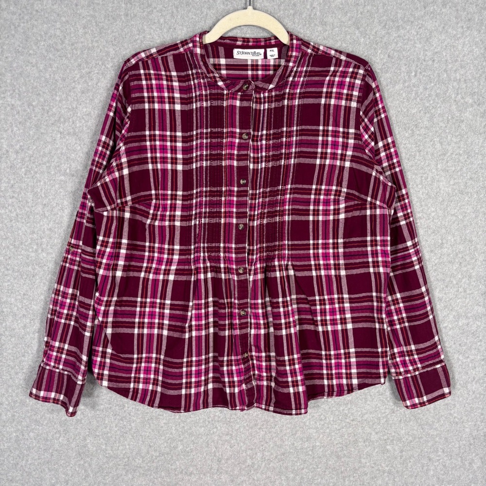 St. Johns Bay Flannel Button Up Blouse PXL Burgundy Pink Plaid Pintuck Pleated